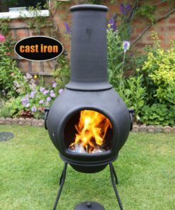 Helios Cast Iron Chiminea - Front angle in garden