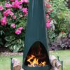 Oslo Steel Chiminea Fireplace in Green - Front view with Fire