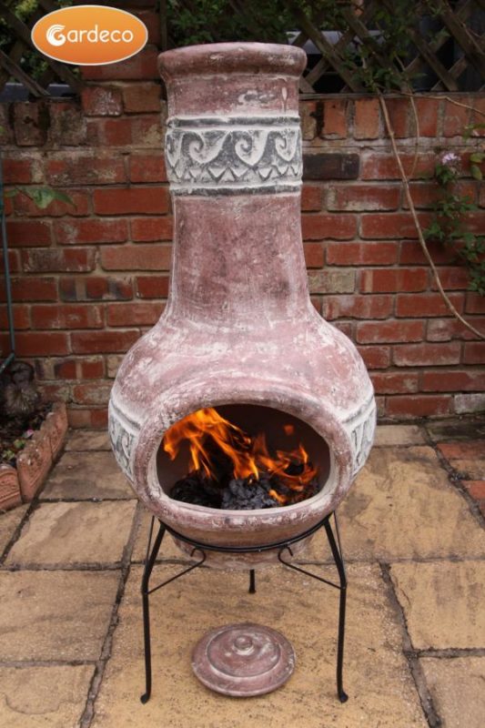 Atitlan Clay Chiminea with fire front view